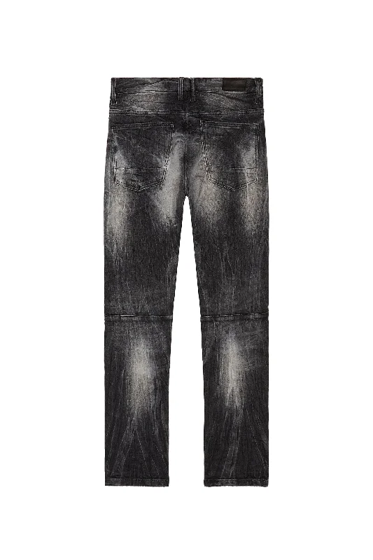 Embroidered Patched Racing Denim Jeans - Moon Black