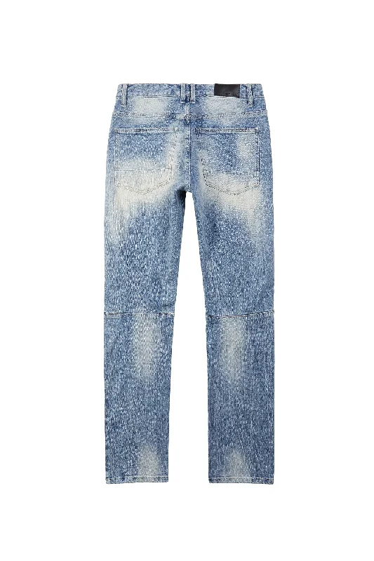 Embroidered Plaid Backed Denim Jeans - Lowell Blue