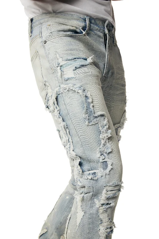 Flame Applique Heavy R&R Stacked Denim Jeans - Ombre Blue