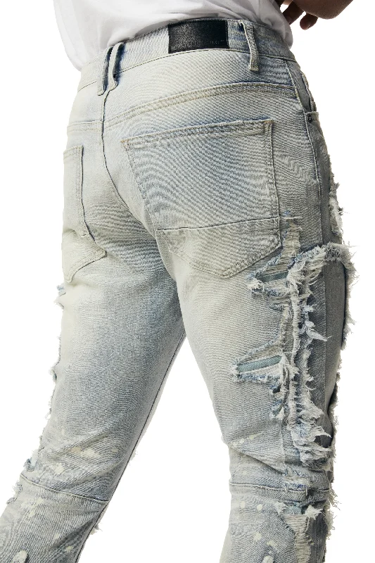 Flame Applique Heavy R&R Stacked Denim Jeans - Ombre Blue