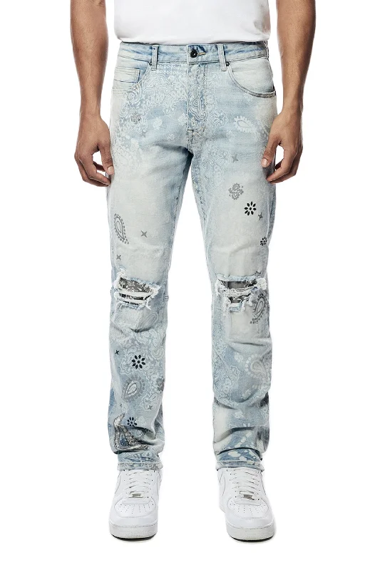 Laser Print Paisley Jeans - Sherman Blue