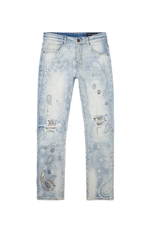 Laser Print Paisley Jeans - Sherman Blue