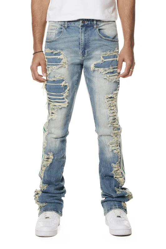 Laser Striped Stacked Denim Jeans - Osaka Blue