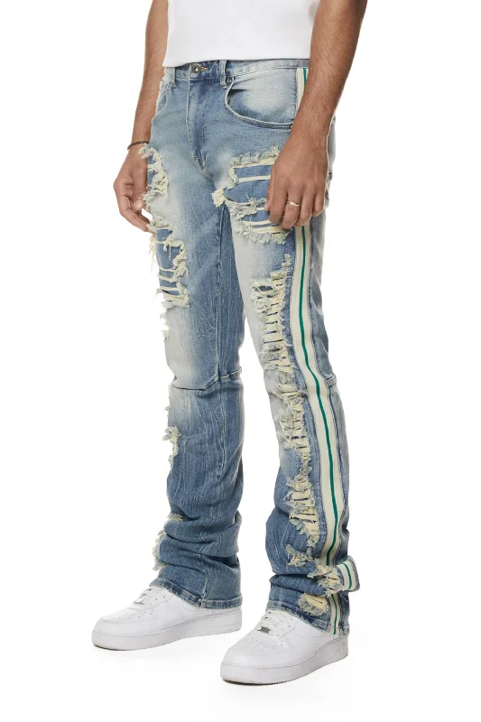 Laser Striped Stacked Denim Jeans - Osaka Blue