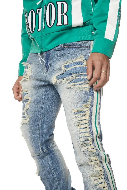 Laser Striped Stacked Denim Jeans - Osaka Blue