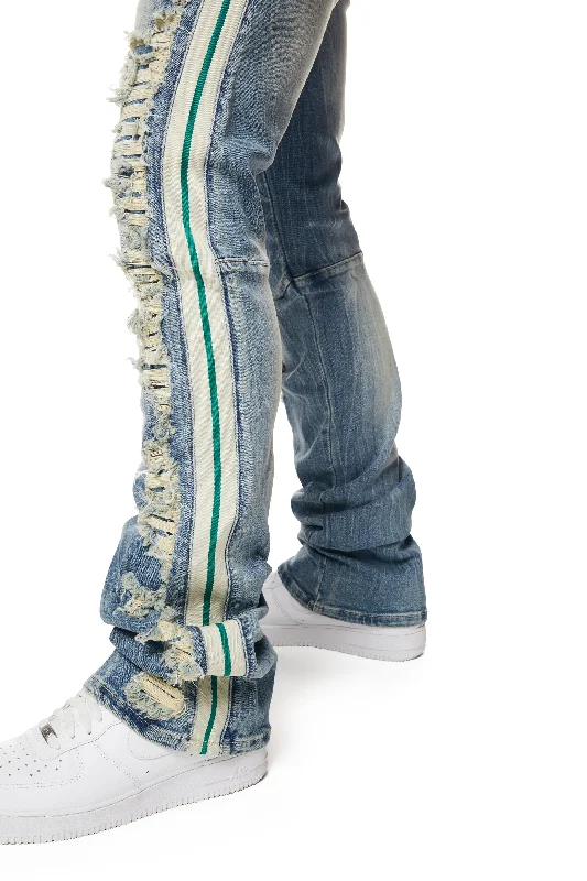 Laser Striped Stacked Denim Jeans - Osaka Blue