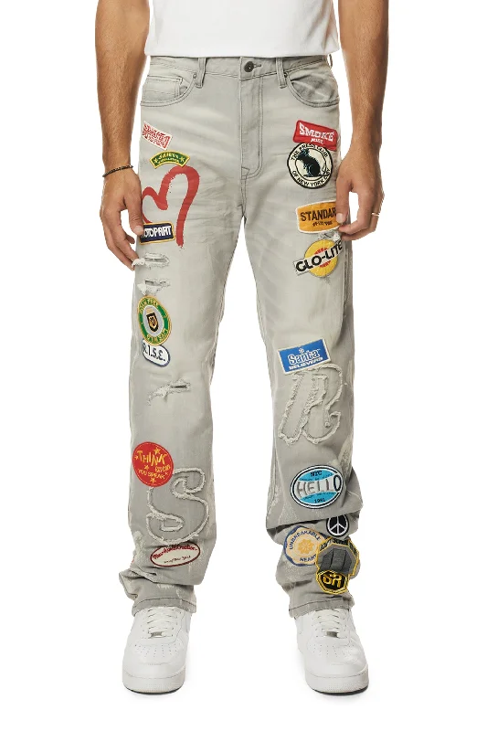 Multi Embroidered Patched Retro Denim Jeans - Cold Grey