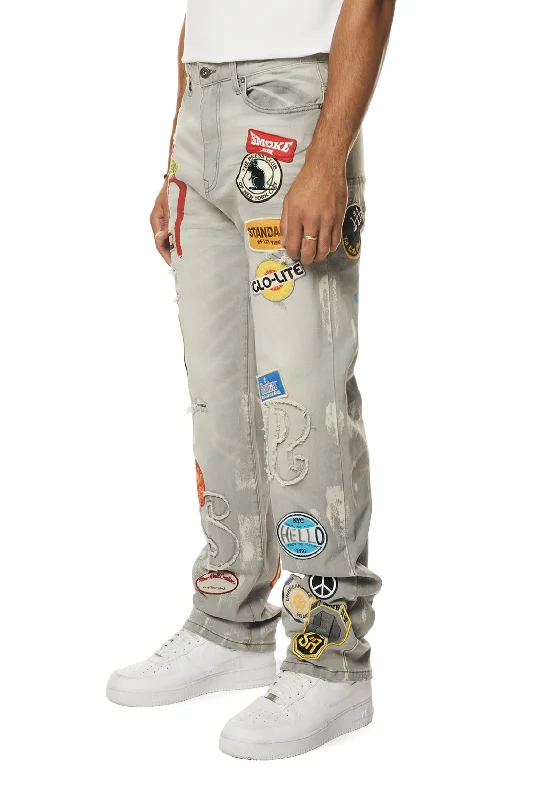 Multi Embroidered Patched Retro Denim Jeans - Cold Grey