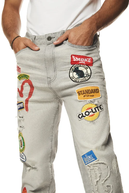 Multi Embroidered Patched Retro Denim Jeans - Cold Grey