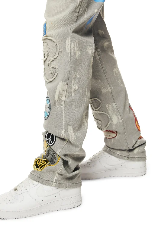 Multi Embroidered Patched Retro Denim Jeans - Cold Grey