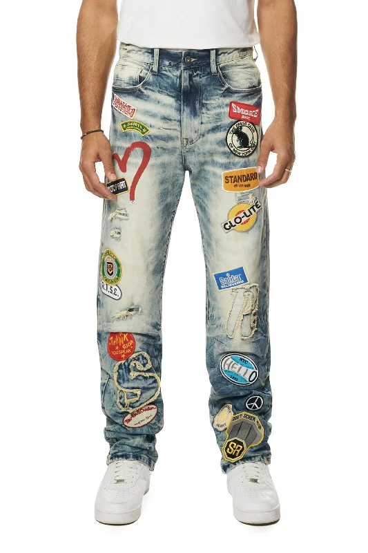 Multi Embroidered Patched Retro Denim Jeans - Metro Blue