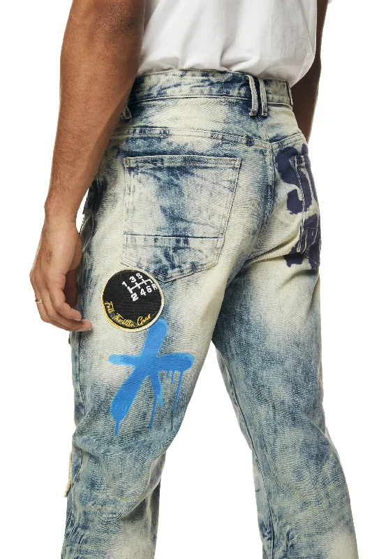 Multi Embroidered Patched Retro Denim Jeans - Metro Blue