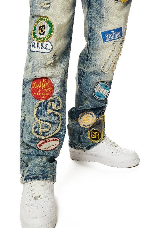 Multi Embroidered Patched Retro Denim Jeans - Metro Blue