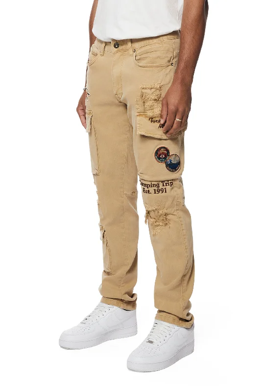 Outdoor Color Denim Cargo Pants - Khaki