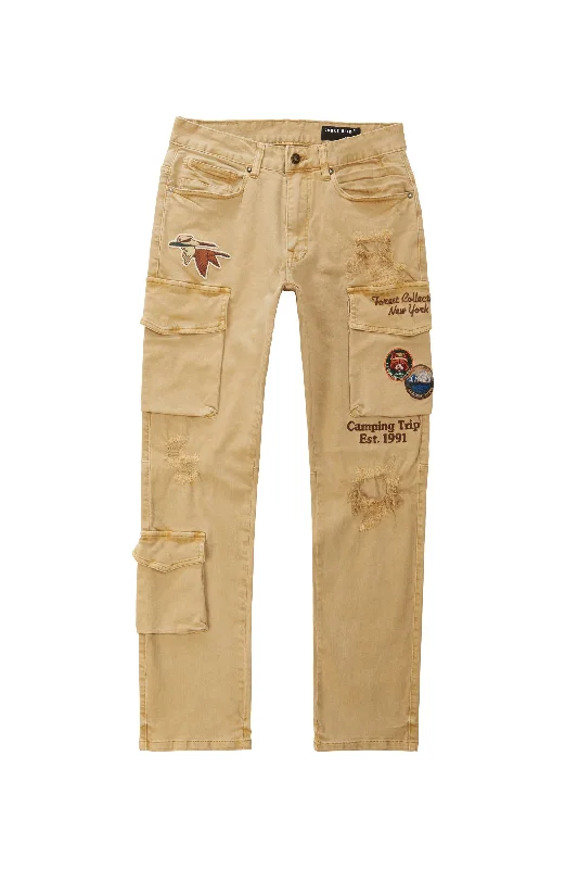 Outdoor Color Denim Cargo Pants - Khaki