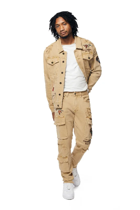 Outdoor Color Denim Cargo Pants - Khaki