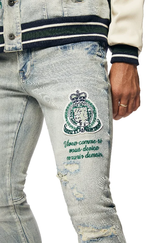 Preppy Crest Embroidered Slim Tapered Denim Jeans - Cascade Blue