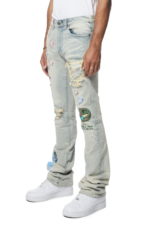 Puff High Density Printed Stacked Denim Jeans - Ombre Blue