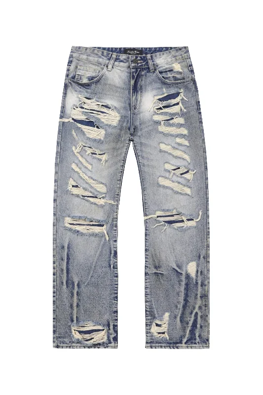 Rip & Repair Curved Denim Pants - Heritage Blue