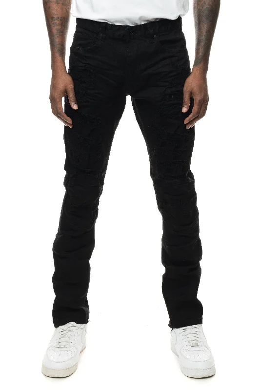 Heavy Rip Repair Slim Tapered Jeans - Jet Black