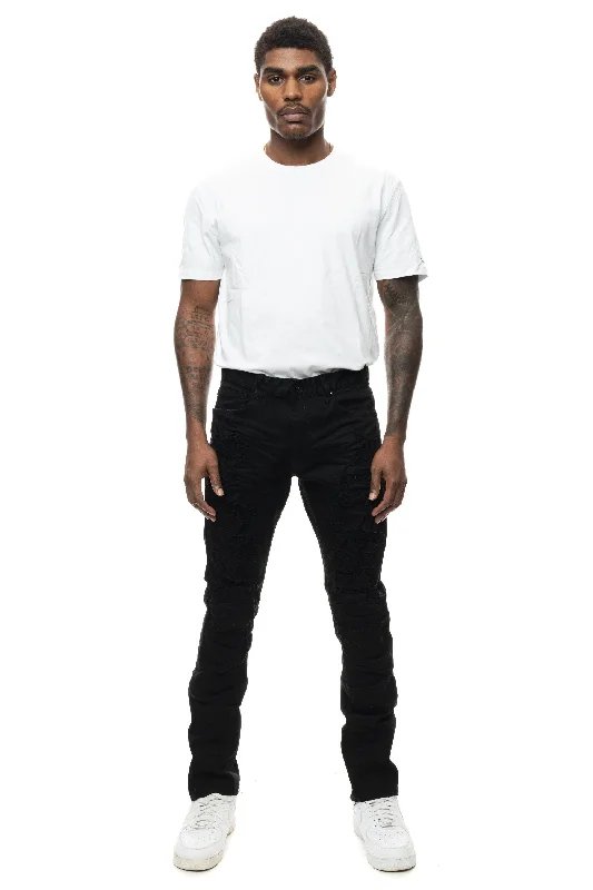 Heavy Rip Repair Slim Tapered Jeans - Jet Black