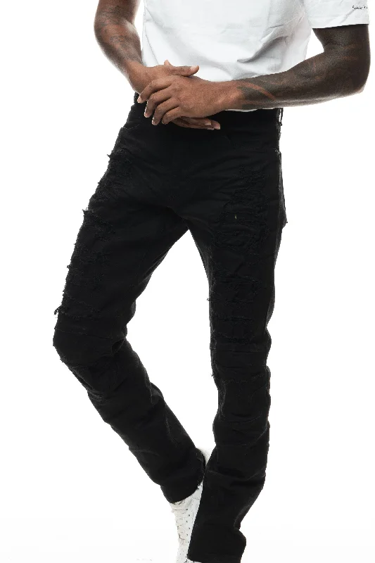 Heavy Rip Repair Slim Tapered Jeans - Jet Black