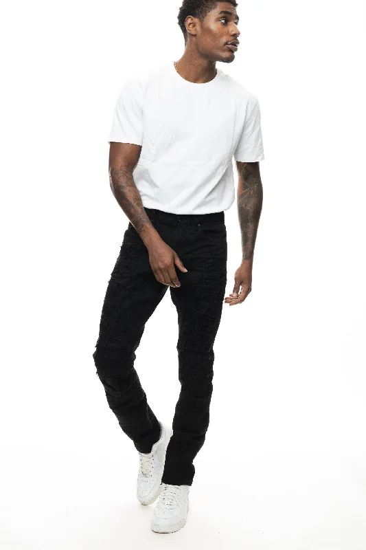 Heavy Rip Repair Slim Tapered Jeans - Jet Black