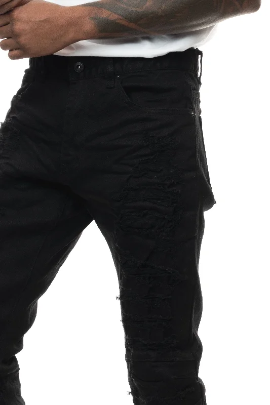 Heavy Rip Repair Slim Tapered Jeans - Jet Black