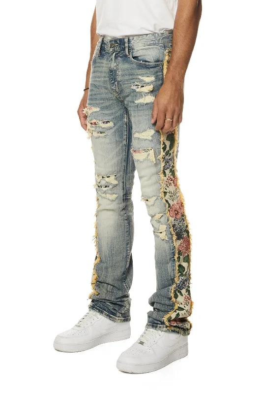 Tapestry Insert Stacked Denim Jeans - Hillside Blue