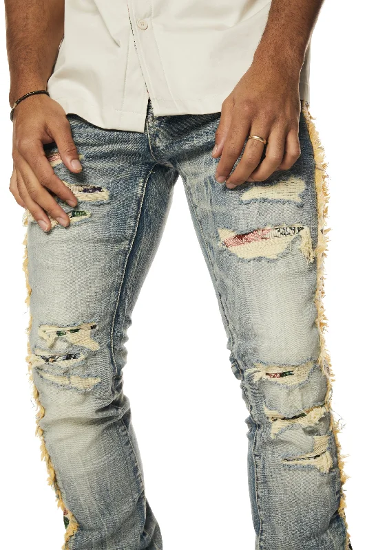 Tapestry Insert Stacked Denim Jeans - Hillside Blue