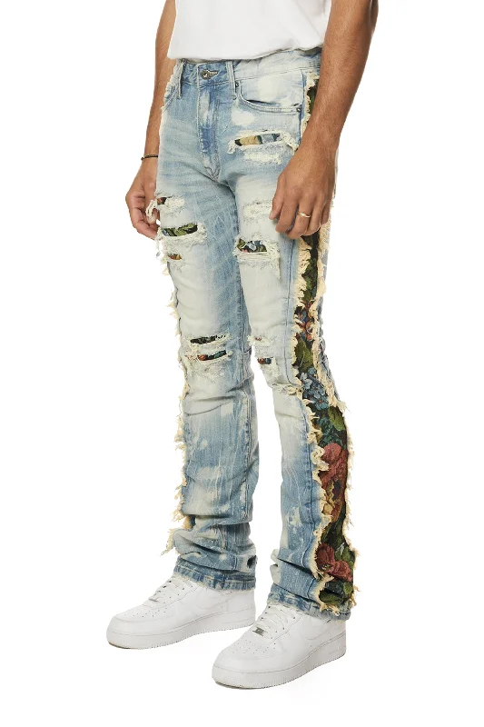 Tapestry Insert Stacked Denim Jeans - Lowell Blue