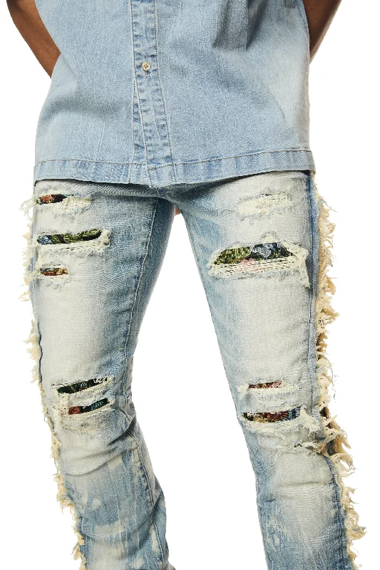 Tapestry Insert Stacked Denim Jeans - Lowell Blue