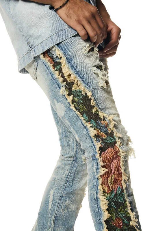 Tapestry Insert Stacked Denim Jeans - Lowell Blue